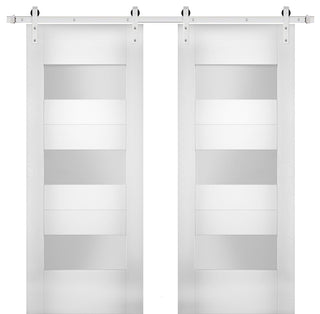 Double Barn Doors Opaque Glass / Sete 6003 White Silk / Silver 13FT Rail, 84" X 96" ( 2* 42x96)