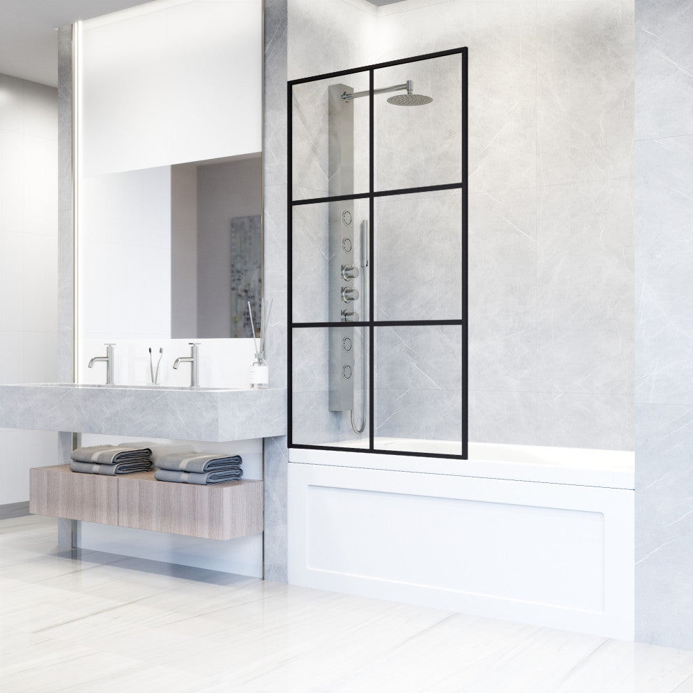 VIGO Ventana 34" W x 62" H Framed Fixed Tub Screen in Matte Black, Clear Glass