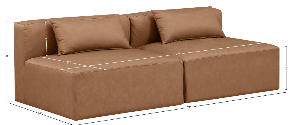 Cube Upholstered Modular Sofa, Brown, 2-Piece: 2 Armless Chair, Vegan Leather