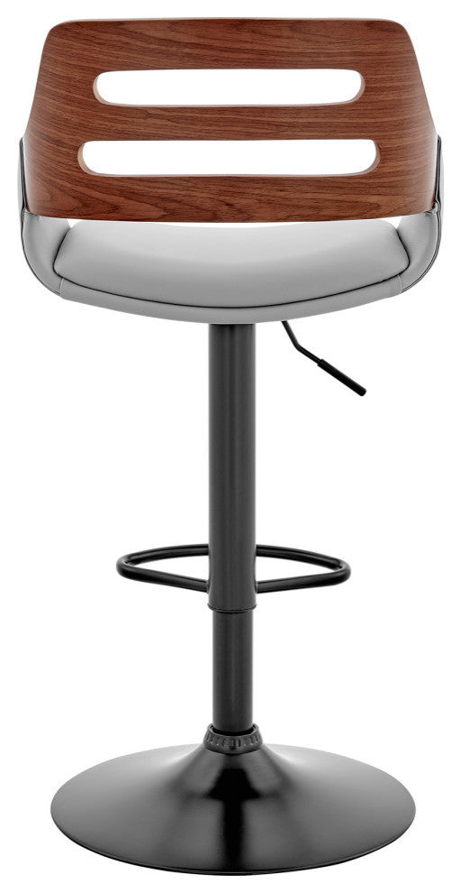 Karter Adjustable Gray Faux Leather and Walnut Wood Bar Stool With Black Base