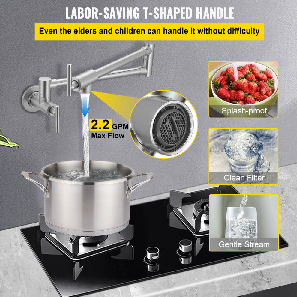 VEVOR Pot Filler Faucet Solid Brass Wall Mount Kitchen Faucet 24.4", Brushed Nickel