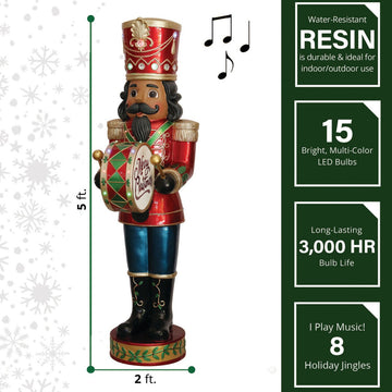 Indoor/Outdoor Christmas Decor, 5' Nutcracker and Bass Drum With Moving Hands