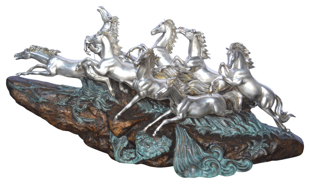 Eight Horses Running Bronze Statue Silver Finish