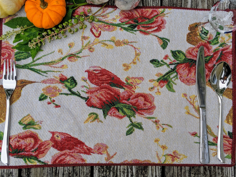 Seasonal Floral Woven Fabric Tapestry Kitchen Table Mats Cloth Placemats, White Floral