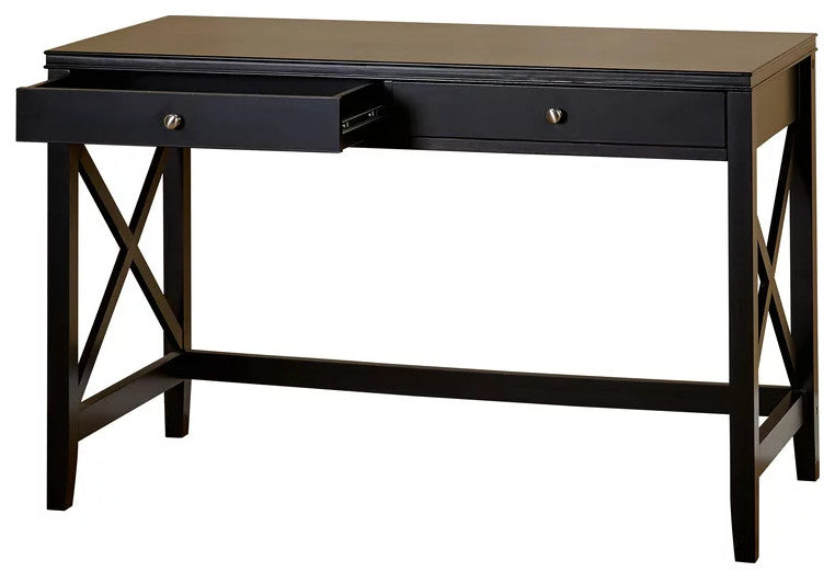Transitional Desk, Pinewood Legs With Rectangular Top & Storage Drawers, Black