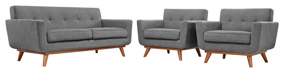 Modern Contemporary Armchairs and Loveseat 3-Piece Set, Gray Fabric