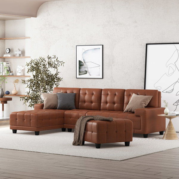 Littell Faux Leather 4 Seater Sofa, Chaise Sectional, Ottoman, Cognac + Dark Bro