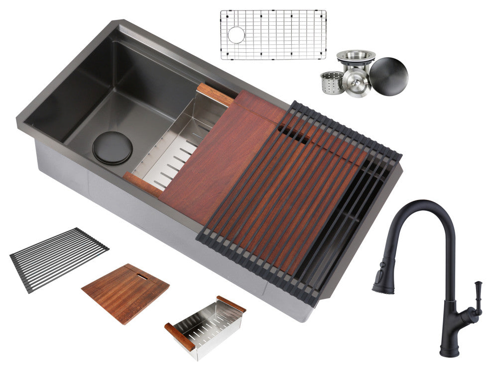 Workstation 36" Undermount Single Bowl Black Kitchen Sink With Faucet