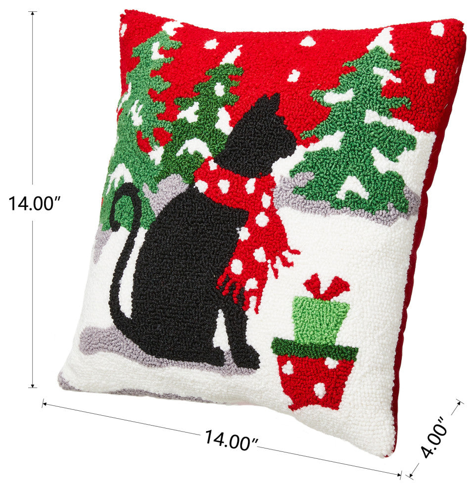 14"L Hooked Christmas Cat Pillow