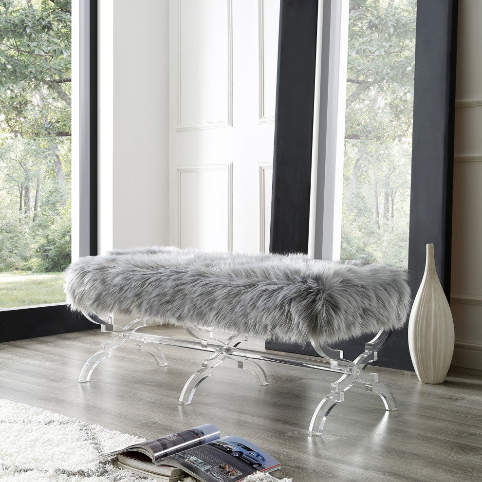 Enzo Faux Fur Acrylic X-Leg Bench, Gray