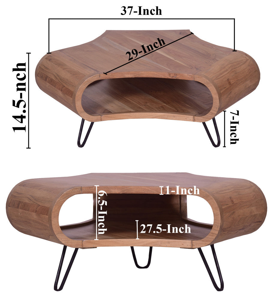 37" Coffee Table Hexagon Shape Open Shelf Acacia Wood Iron Legs Natural Brown