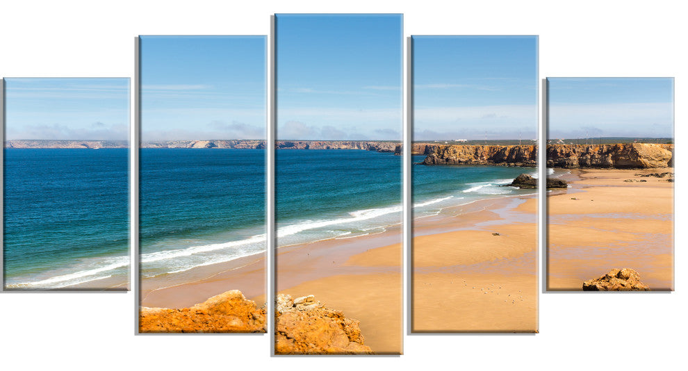 "Serene Rocky Bay Portugal" Seashore Canvas Art, 60"x32", 5-Panels