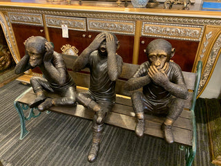 Three wise monkeys on bench large bronze statue bronze - Size: 52" x 32" x 36"