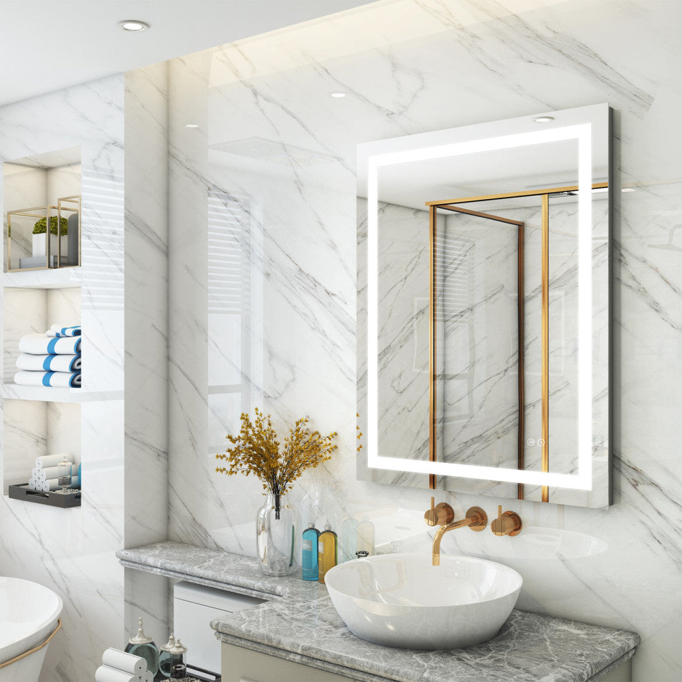 Frameless LED Bathroom Vanity Mirror With Defogger Dimmer, 28"x36"