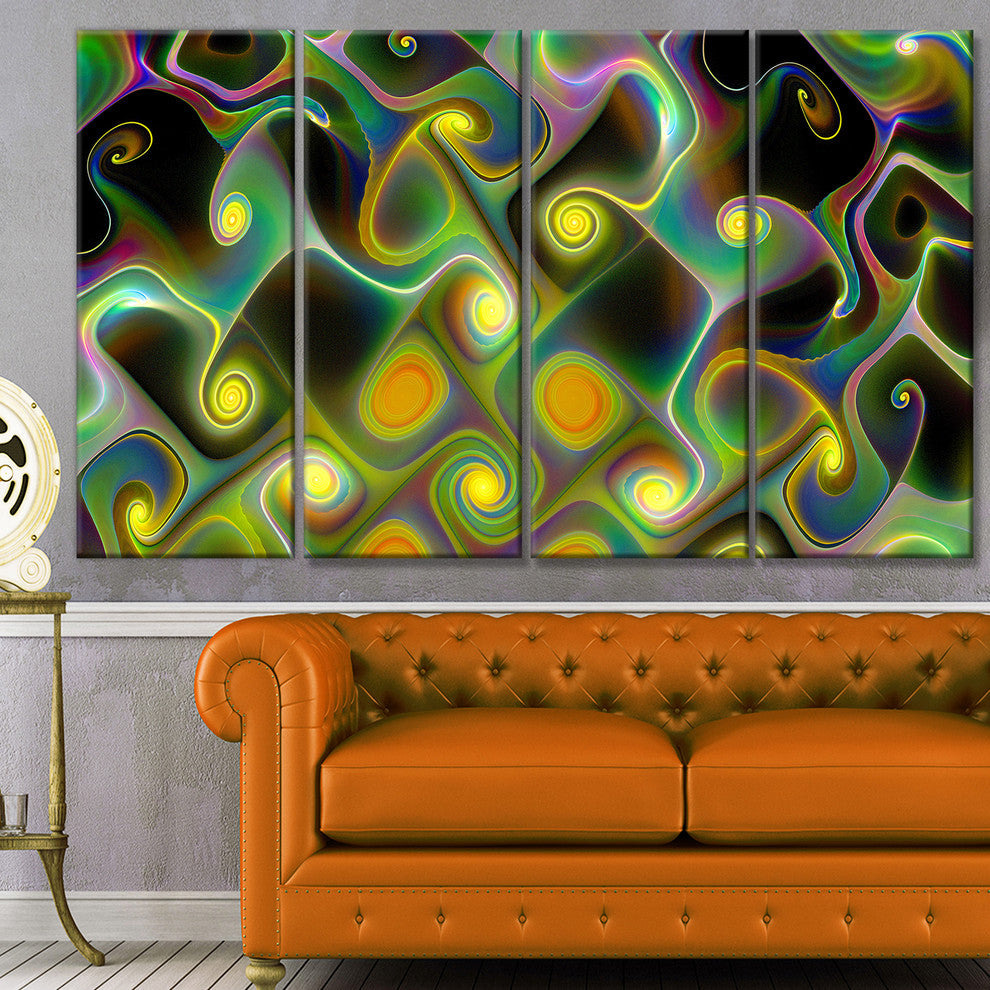 Yellow Fractal Pattern with Swirls, Abstract Wall Art Canvas, 48"x28", 4 Panels
