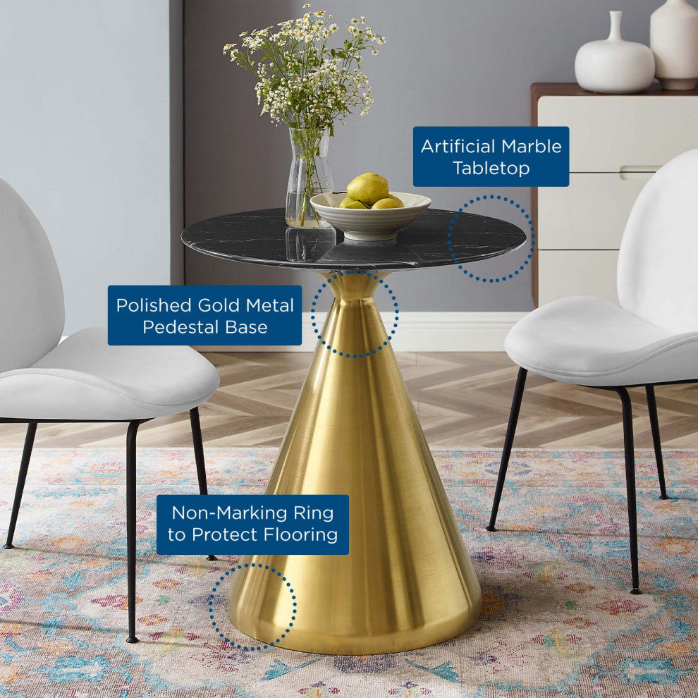Dining Table, Round, Artificial Marble, Metal, Gold Black, Modern, Cafe Bistro