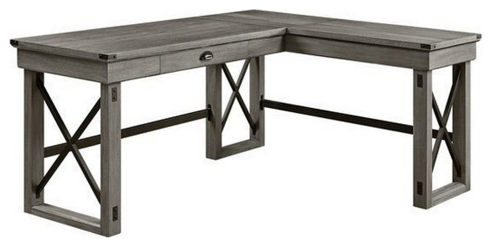 Benzara BM269055 L Shaped Writing Desk With Lift Top and Sled Base, Oak Gray