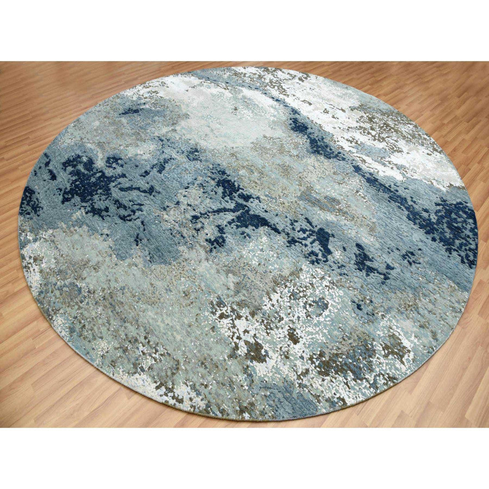 Gray Hand Knotted, Abstract Design, Wool Round Oriental Rug, 10'2"x10'0"
