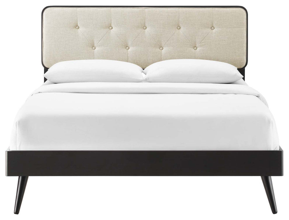 Platform Bed Frame, King Size, Wood, Black Beige, Modern Mid-Century, Bedroom