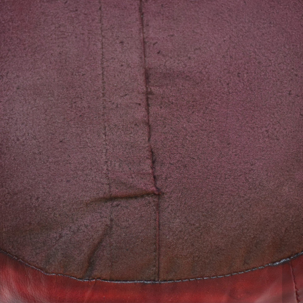 Pouf-Solid Handmade Leather Pouf (Recycled Foam with Fiber Fill), Dark Pink, (Round) 14x14x14