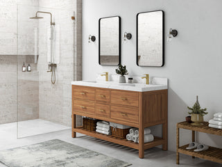 Parker Teak 60" Double Sink Vanity, Golden Teak, 2" White Quartz