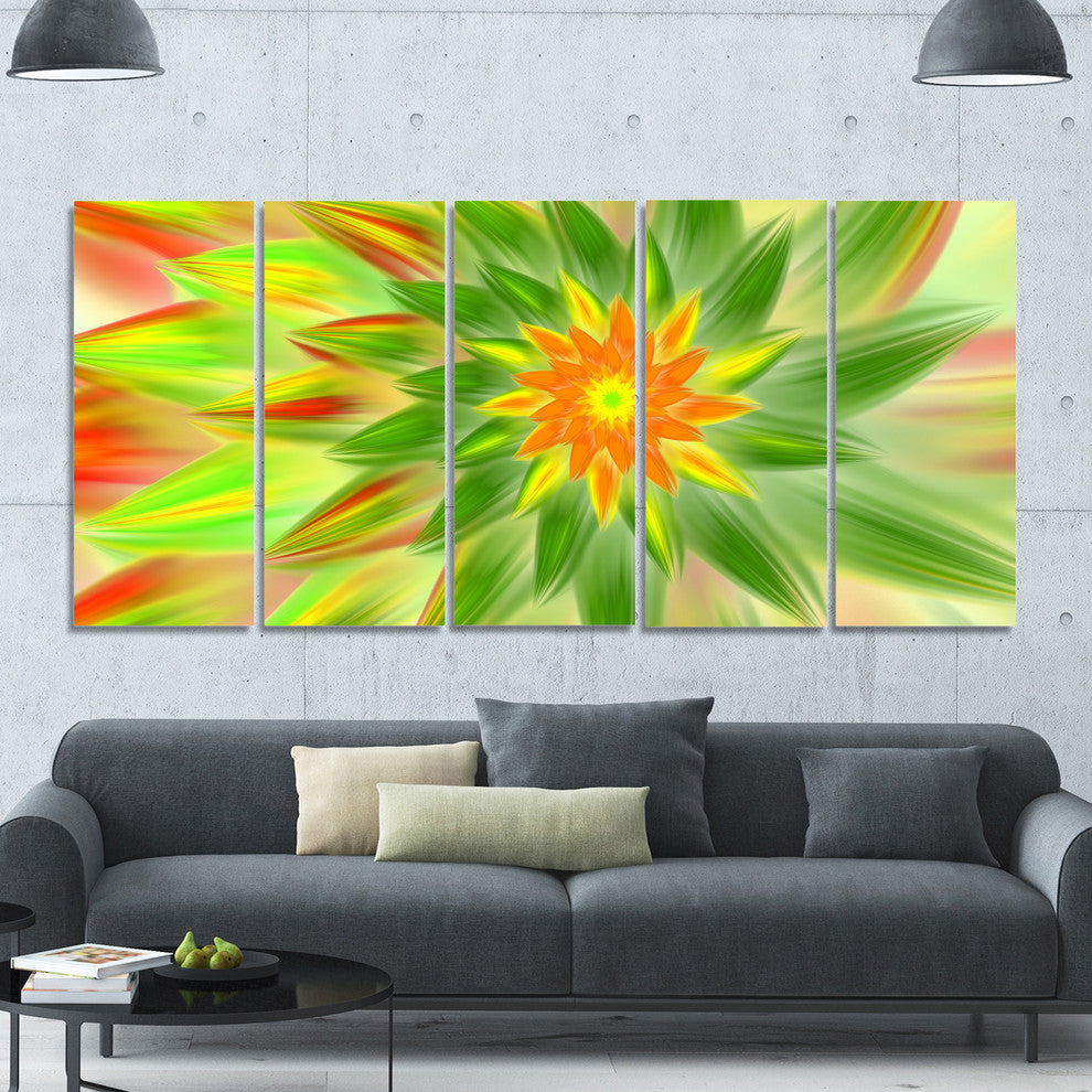 Dancing Green Fractal Flower, Floral Canvas Art Print, 60"x28", 5 Panels