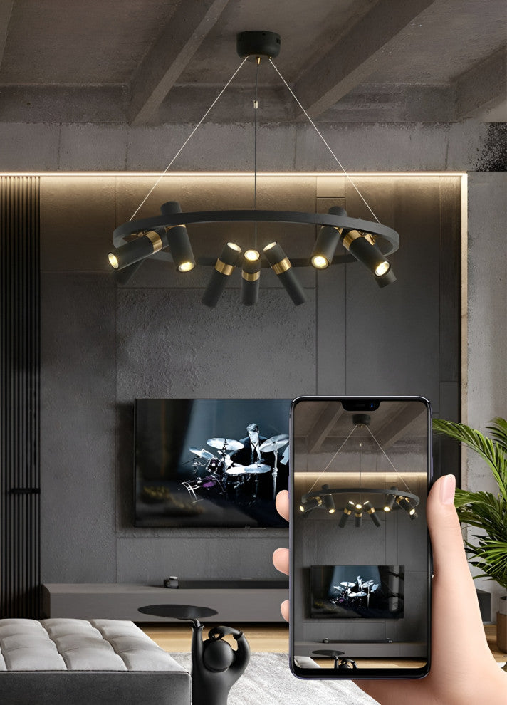 Celerina/Schlarigna | Round Black Metal LED Pendant Light, 9 Heads, Warm Light