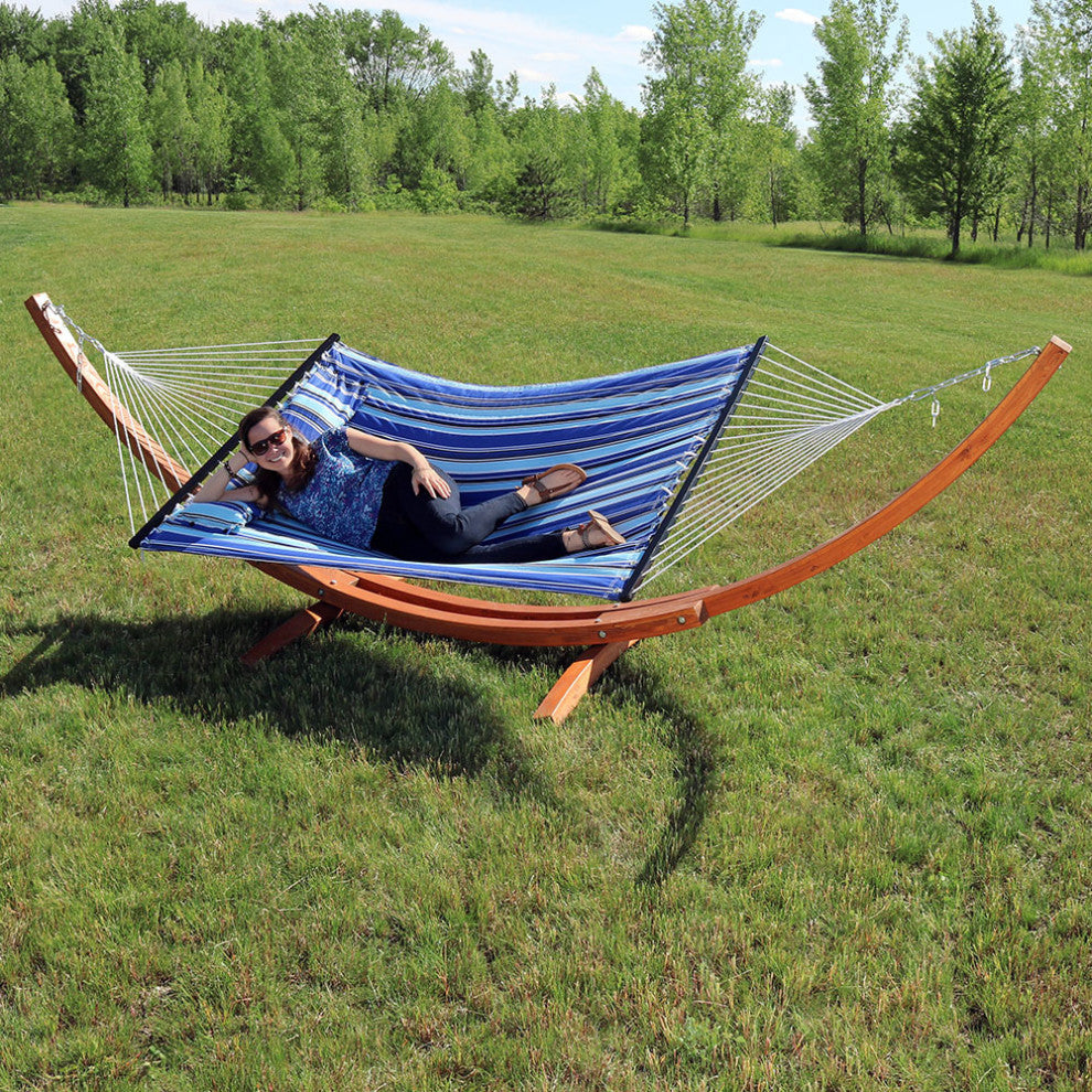 Sunnydaze Quilted 2-Person Hammock With 12' Wood Stand, Catalina Beach