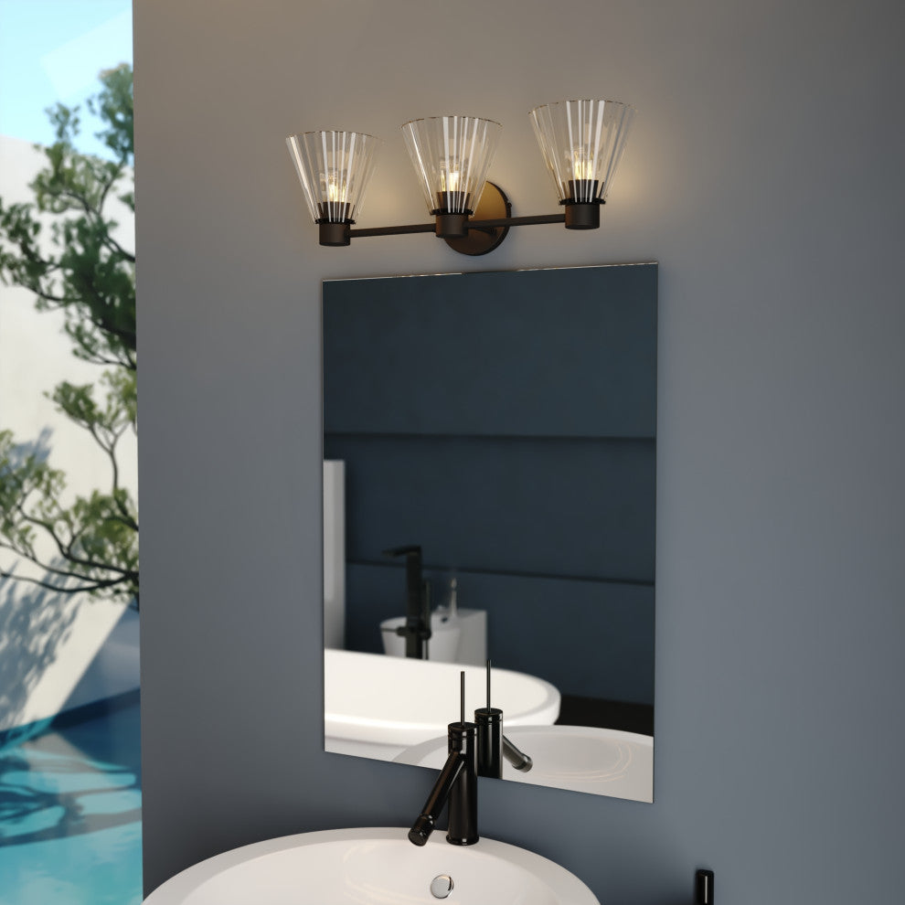 Dalton 25.5" 3-Light Matte Black Bathroom Vanity Fixture, Clear Glass Shade