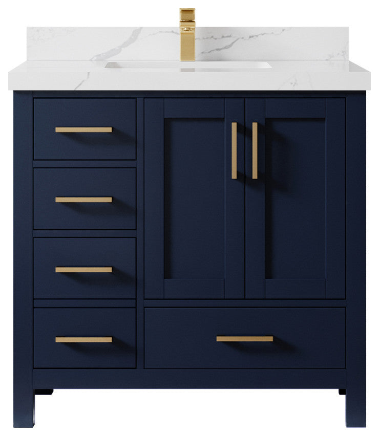 Malibu 36 Center Sink Bath Vanity in Navy Blue 2" Calacatta Laza