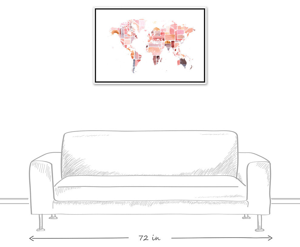 Pink World Map 24x36 White Floating Framed Canvas