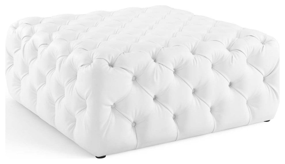 Tufted Accent Chair Ottoman, Square, Faux Leather, White, Modern, Lounge