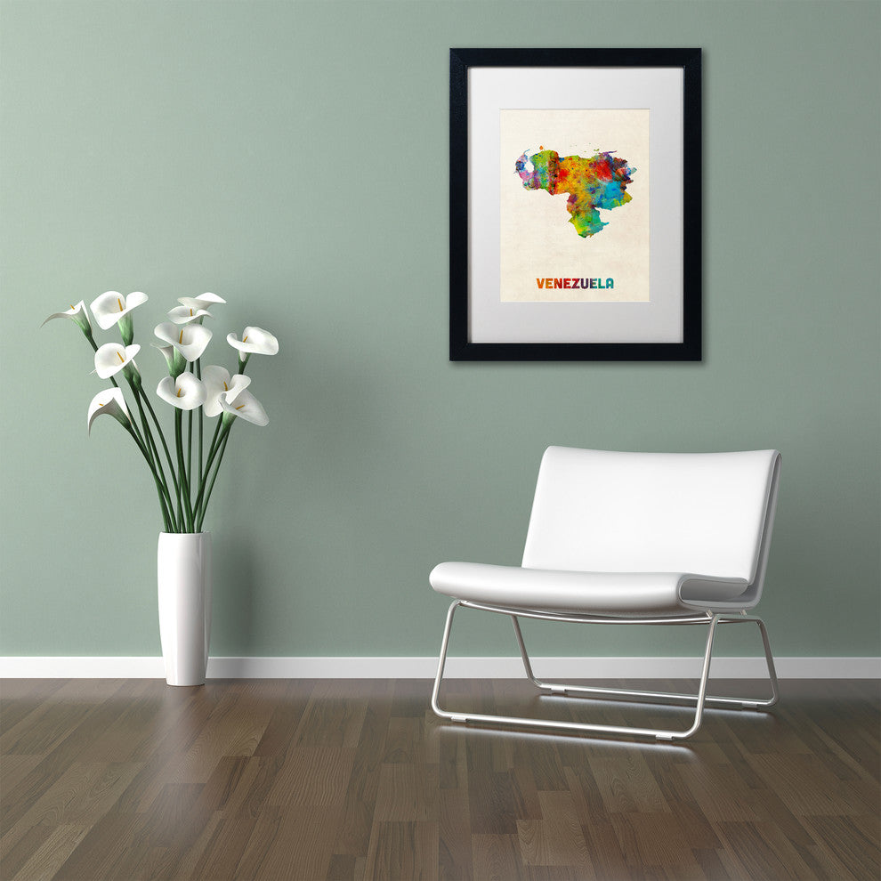 'Venezuela Watercolor Map' Matted Framed Canvas Art by Michael Tompsett