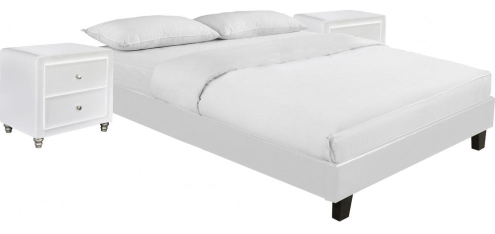 White Platform Queen Bed with Two Nightstands