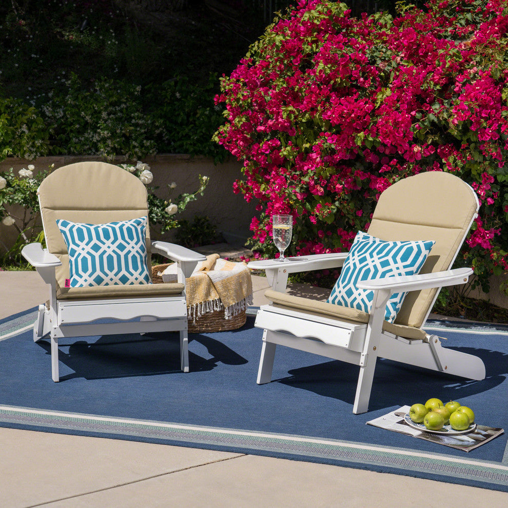 Outdoor Acacia Wood Folding Adirondack Chairs With Cushions, Set of 2, White/Gray