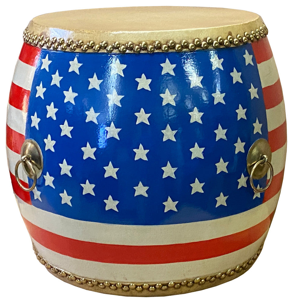 Handmade Small Round Low Flag Graphic Drum Shape Table Hcs7412