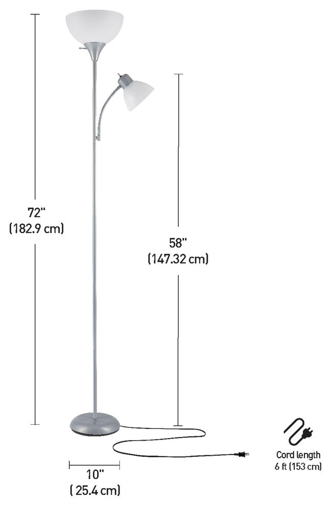 Delilah 72" Torchiere Floor Lamp With Adjustable Reading Light, Silver