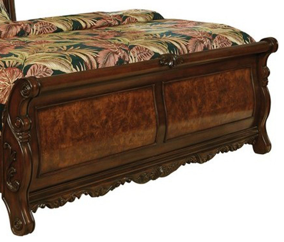 Benzara BM215818 Sleigh California King Bed With Open Carved Crown Top, Brown