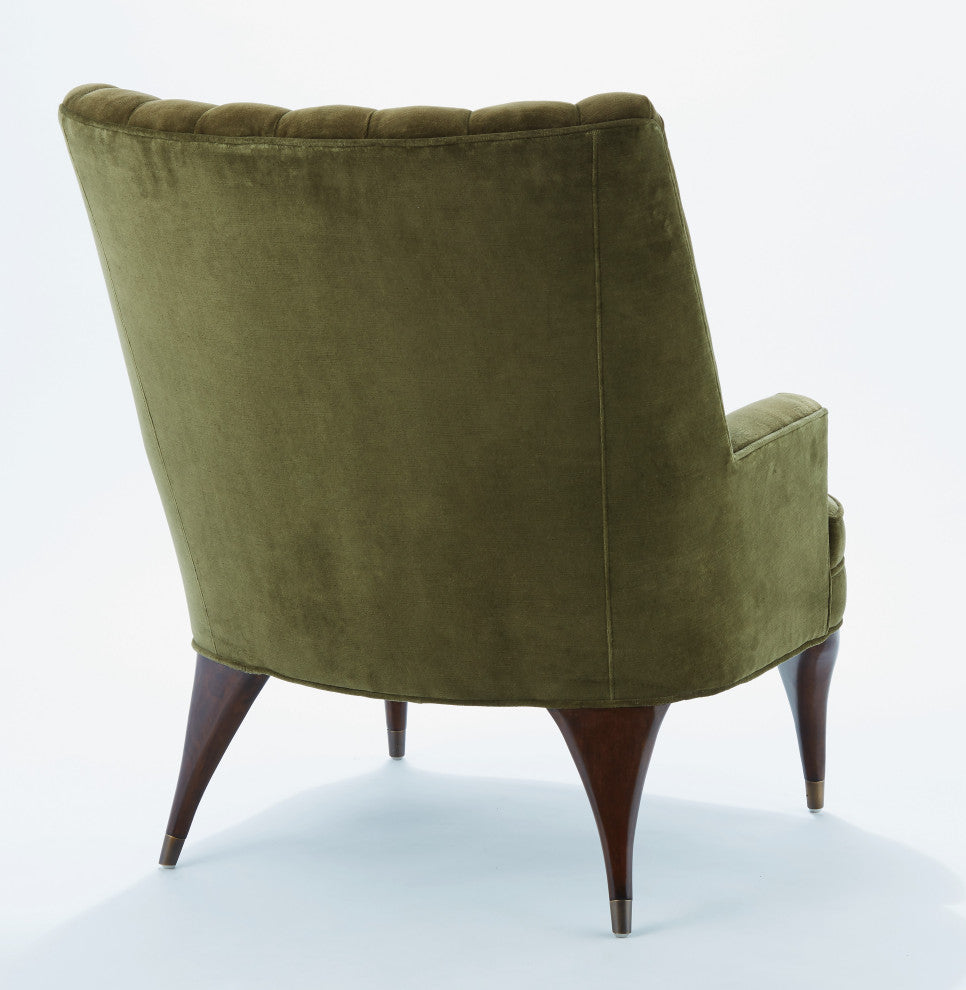 Luxe Moss Green Velvet Arm Chair Channel Back Tufted Mid Century Wood Brass