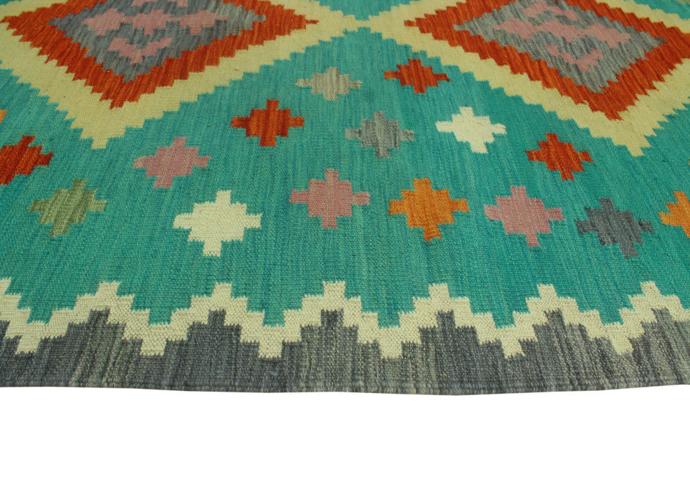 Sangat Flatweave Bachir Turquoise/Red Rug, 4'3 x 5'10