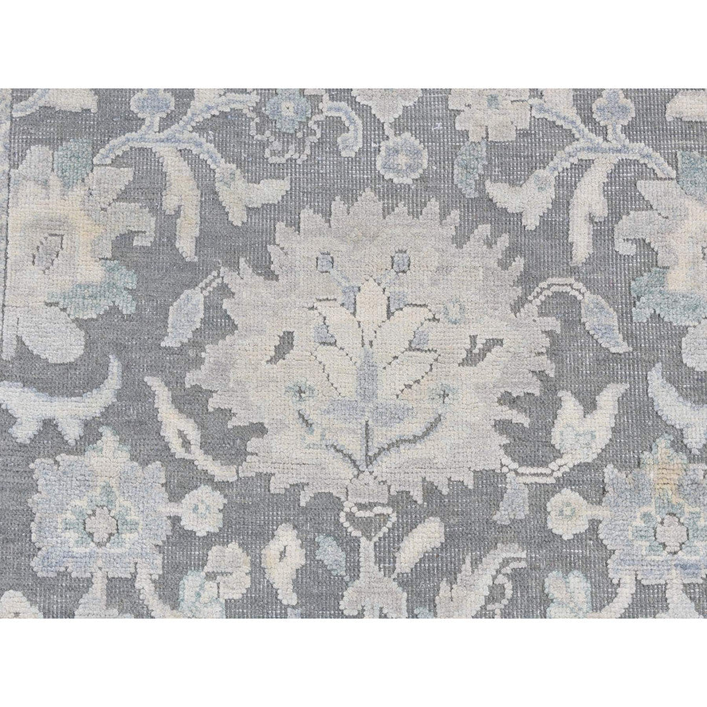 Ash Gray, Oushak Influence Silk With Wool Hand Knotted Runner Rug, 2'6"x10'2"