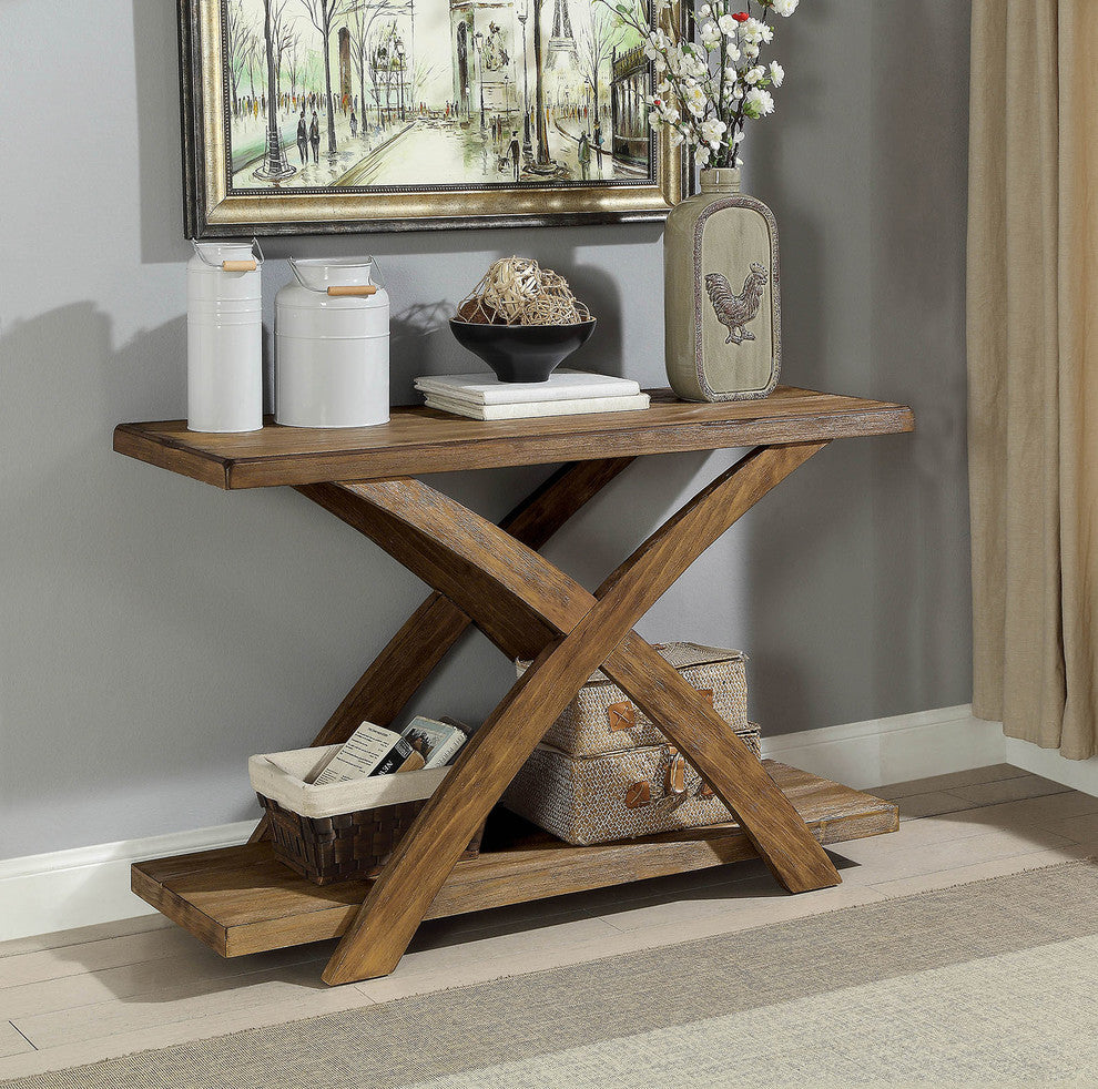 Benzara BM183134 Wooden Sofa Table with X-Shaped Base, Antique Light Oak Brown