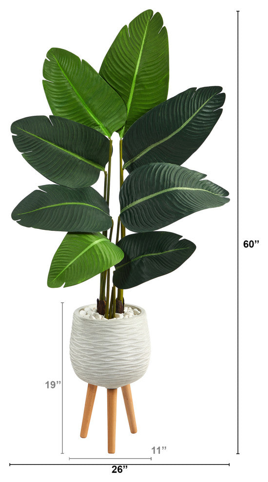 5'' Travelers Palm Artificial Tree, White Planter With Stand