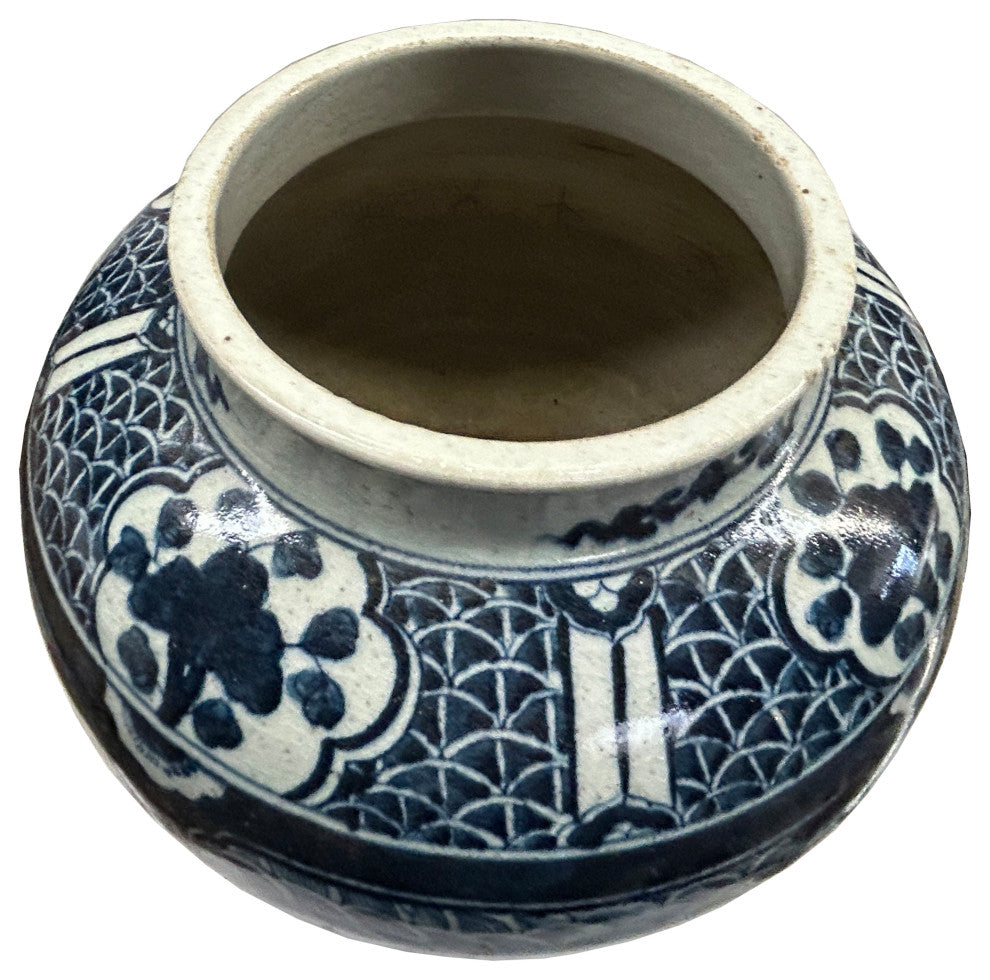 Vintage Blue White Mythical Graphic Fat Body Porcelain Vase Jar