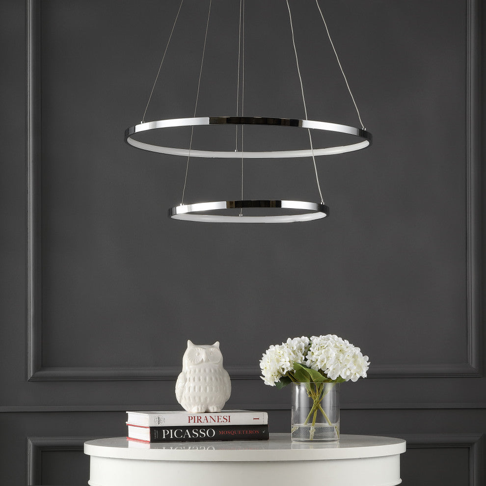 Circulo Metal Round Modern LED Pendant, Chrome, Width: 24"
