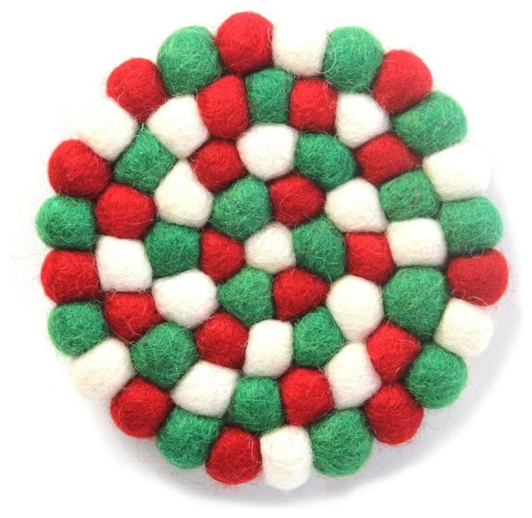 Felt Ball Multicolor Coasters, Set of 4, White Christmas