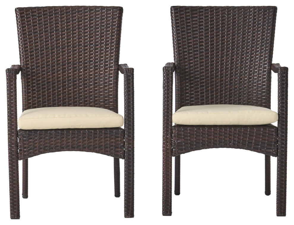 GDF Studio Melba Outdoor Wicker Dining Chairs With Beige Cushions, Set of 2