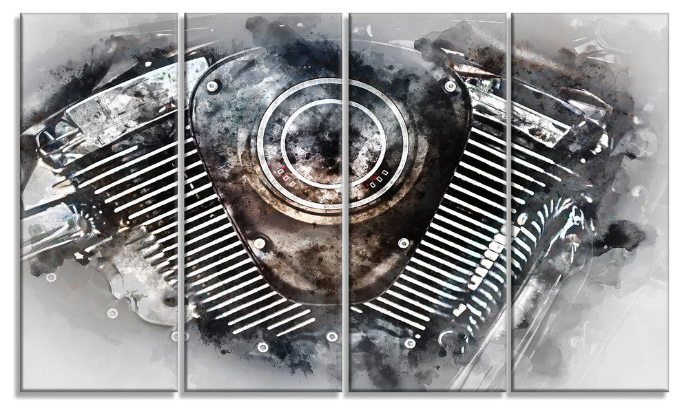 Motorcycle Engine Watercolor, Contemporary Canvas Art Print, 48"x28", 4 Panels