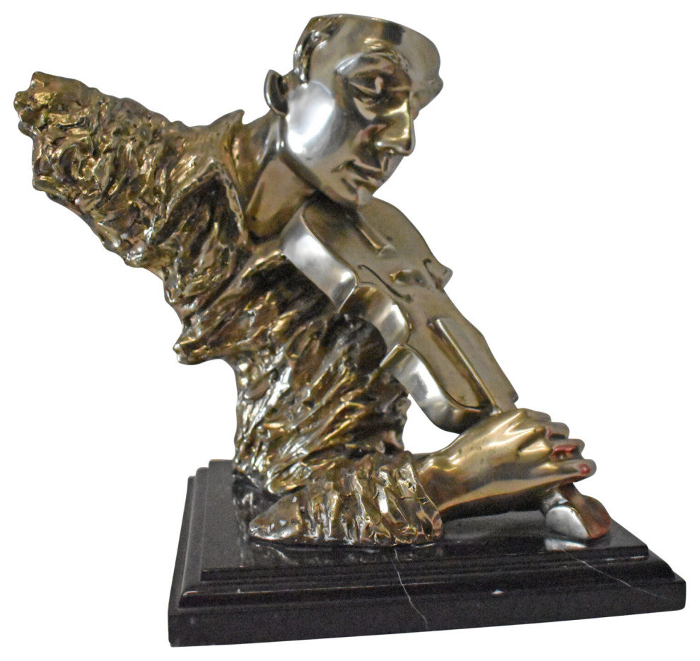 Man Playing the Violin Bronze Statue, Silver Finish - Size: 12"L x 9"W x 11"H.