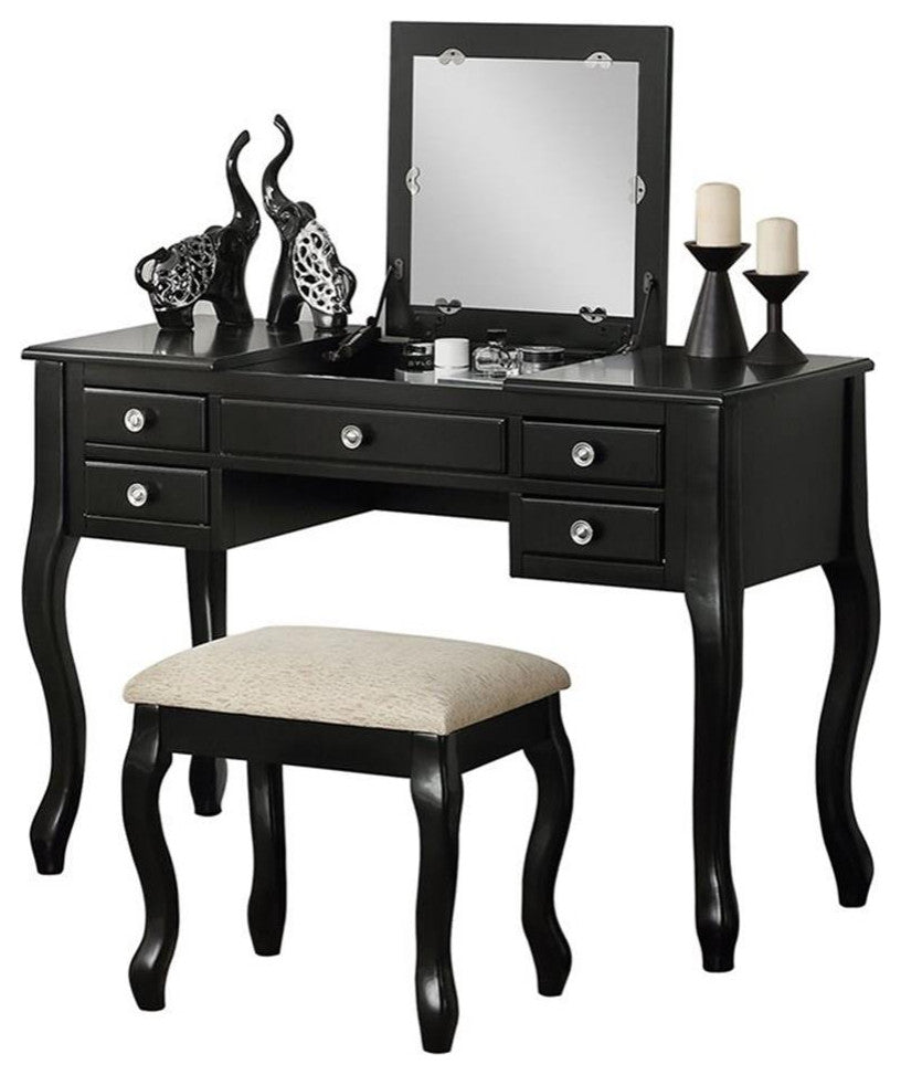 Poundex Furniture Wood Vanity Set with Stool and Mirror in Black